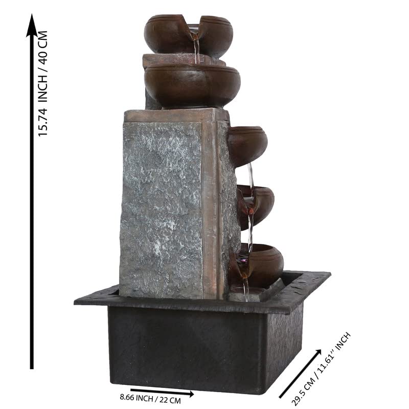 Image of Polyresin Table Top Designer Indoor 5 Artistic Steps Water Fountain for Living Room Home Decor with Yellow LED & Speed Controller Pump (Size: 40 x 29.5 x 22CM | Colour: Grey & Chocolate)