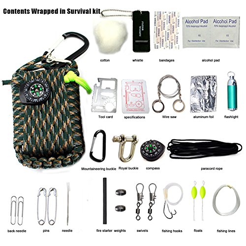 Yan's Ultimate 28 Pcs Grenade Shaped Paracord Carabiner Survival Kits with 10.5 Meters Paracord Rope and all Emergency Tools (Camo)