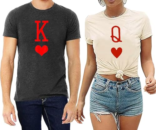 K and Q of Hearts Couple Shirt His and Hers Matching Outfit T Shirts Funny Cute Letter Print Graphic Casual Tee Tops