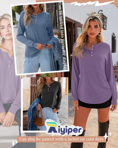 Riyiper 3 Pack Women's Long Sleeve Henley Tops, V Neck Button Up Tunic Top Casual Shirts Loose Fit T Shirts Pullover Tunics2