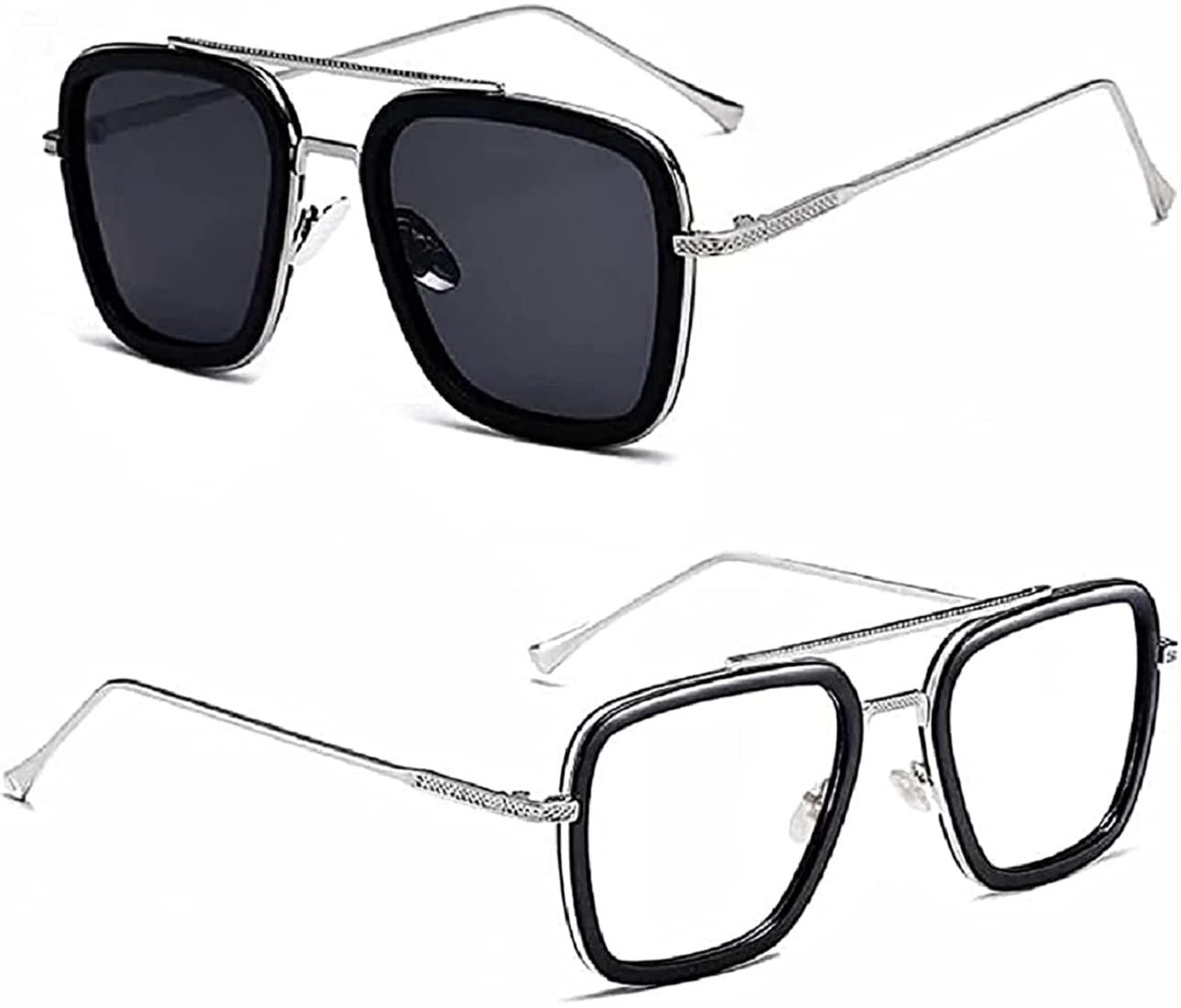 Sunwear UV protected Unisex Sunglasses | Tony Stark Goggles | UV 400 filtering Glass | Square Metal Frame - For Men and Women (Grey,Clear) Lens