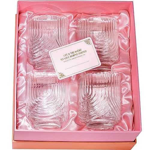 Glassique Cadeau Vintage Art Deco Lowball Gatsby Cocktail Glasses | Set Of 4 | 13 Oz Double Old Fashioned Tumblers For Drinking Classic Whiskey, Gin, Vodka Bar Drinks | Round Short Glassware thumb #3