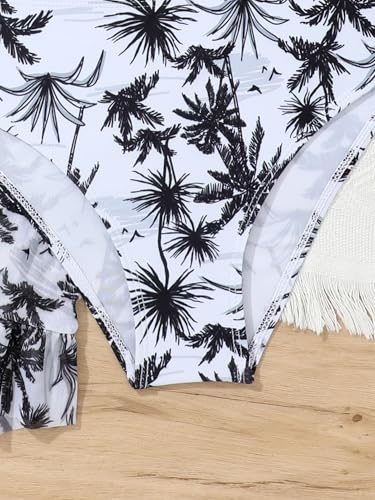 Image of Girl's 3 Piece Bikini Set Tropical Leaf Print Swimwear Bathing Suit Swimsuit with Skirts Cover Up Black 13-14Y