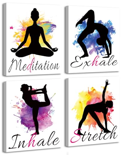Set of 4 Yoga wall art print posters,Framed Watercolor Yoga Poster,Inhale Exhale Meditation Stretch Sports Room Painting Motivational Quote Artwork,for Home Gym Exercise bedroom Decor 8”X10”inch