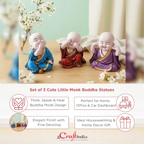 Image of eCraftIndia Resin Blue, Red & Purple Think No Evil, Speak No Evil, Hear No Evil Set of 3 Cute Little Monk Buddha Statues Decorative Showpieces for Car Dashboard, Home & Office Decor