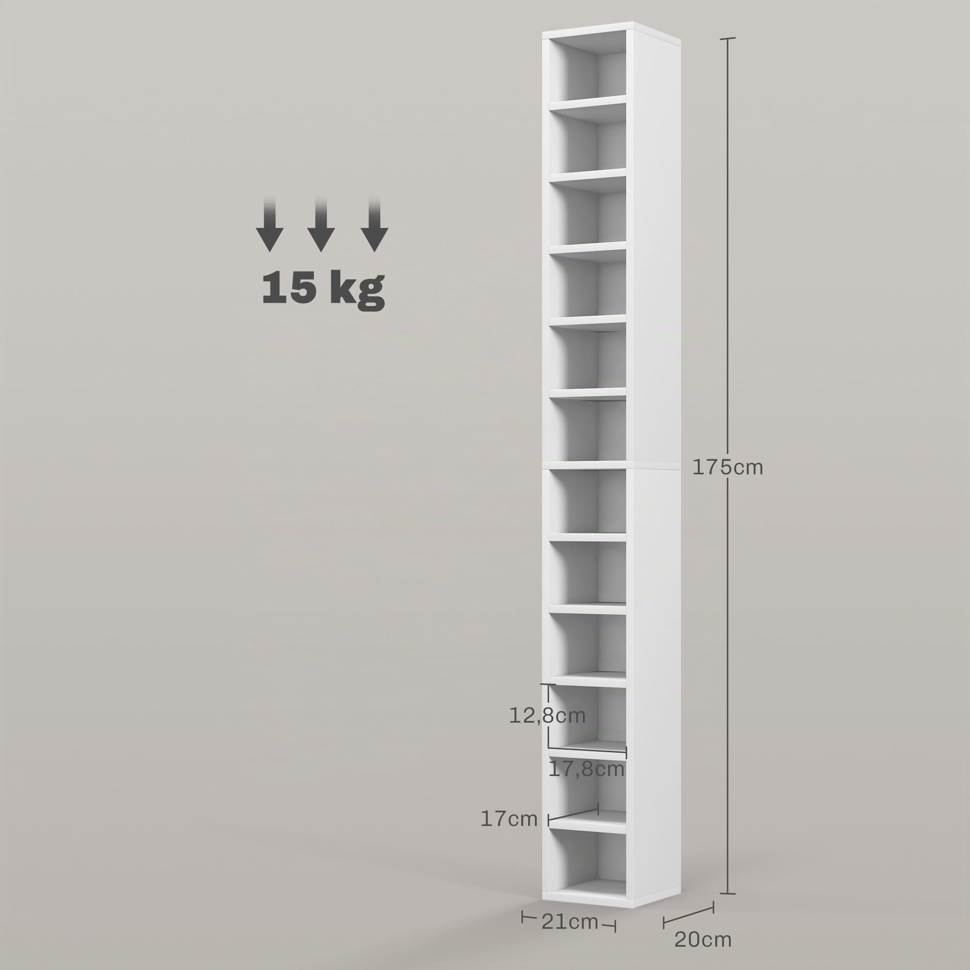 Mueble para CD y DVD HOMCOM, Estante de Columna, Mueble con 12 Compartimentos, Capacidad máx. 204 CD, 21 x 20 x 175 cm, Blanco