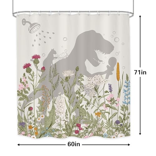 Image of Dinosaur Wildflower Kids Shower Curtain Bathroom Set 60Wx71H Inches Funny Dino Cute Cat Silhouette Floral Rustic Plant Leaves Botanical Bath Accessories Boy Art Home Decor Fabric 12 Pack Hooks