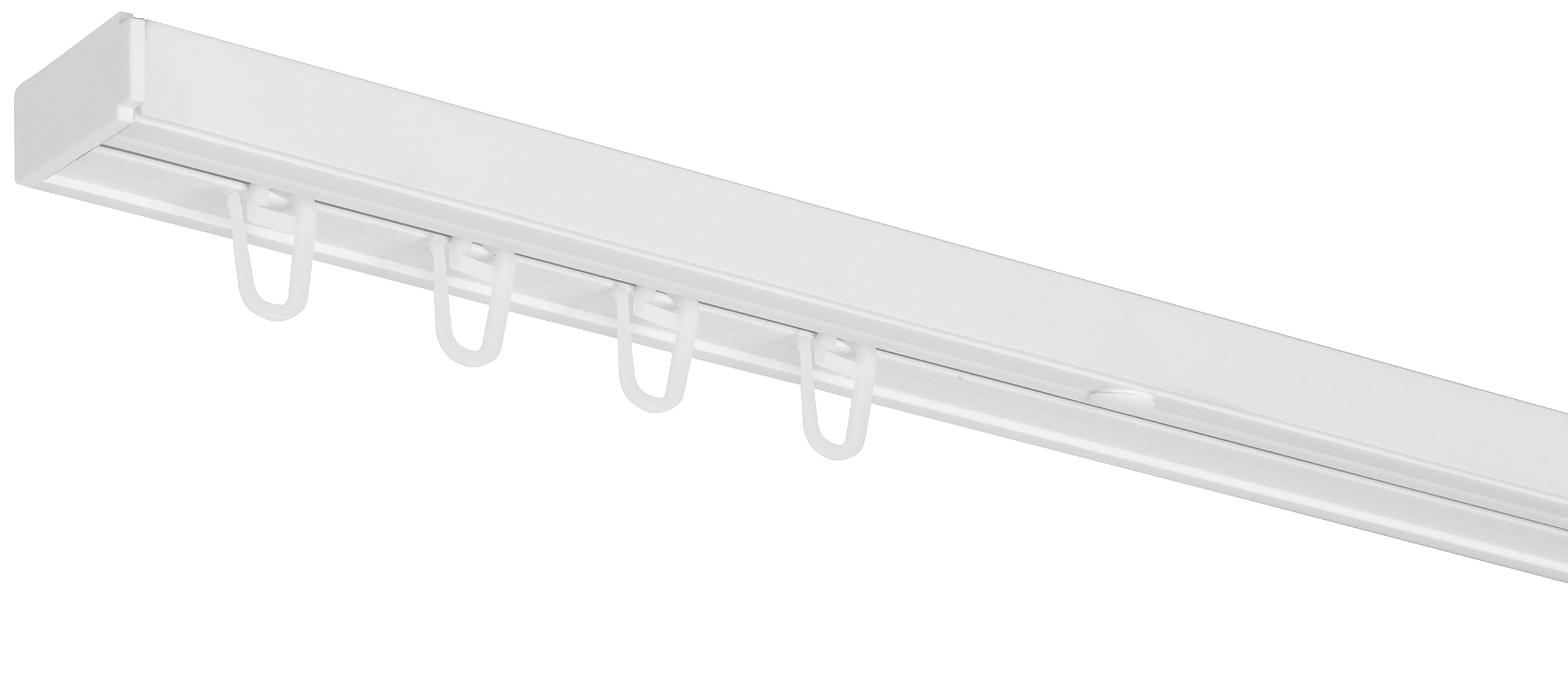 RENA Vorhangschiene 1-Läufig Gardinenschiene aus Kunststoff Vorhang-Deckenschiene mit Überklipshaken Gardinenleiste Gardinenstange Gardinen Vorhänge für Deckenmontage Weiß 230cm