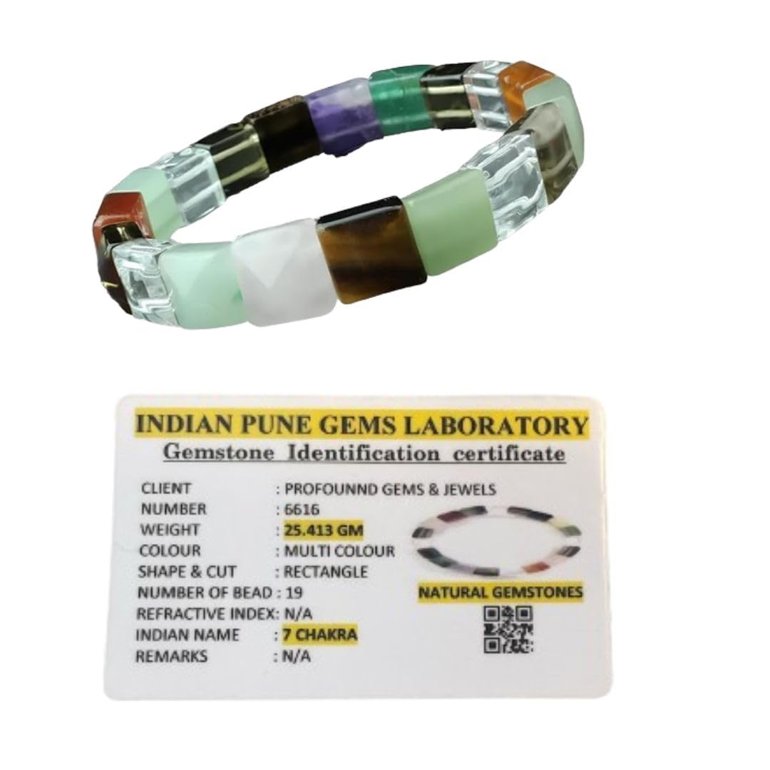 PROFOUND GEMSDiagonal Multi-Gemstone Bracelet Fashion Jewellery for Men and Women, 7 Chakra Elastic Bracelet for Prosperity and Education (Multi Colour).