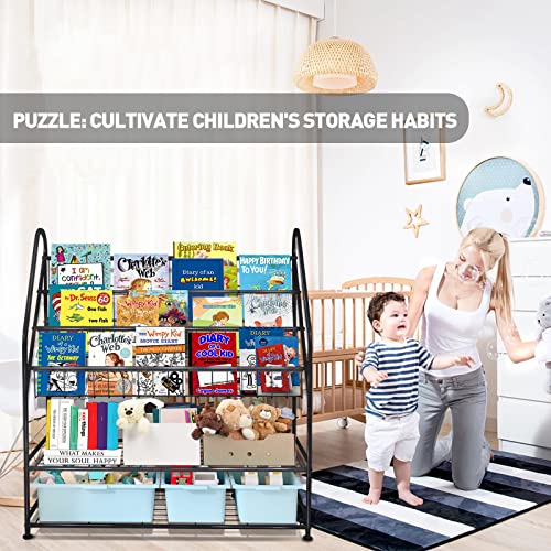 Metal Kids Bookshelf Freestanding,Book Organizer For Kids,Bookcase Rack 32In Bookshelf With 2 Tier Children's Toys Display Storage Organizer Shelves(5-Tier/32In,Black) #TOP4