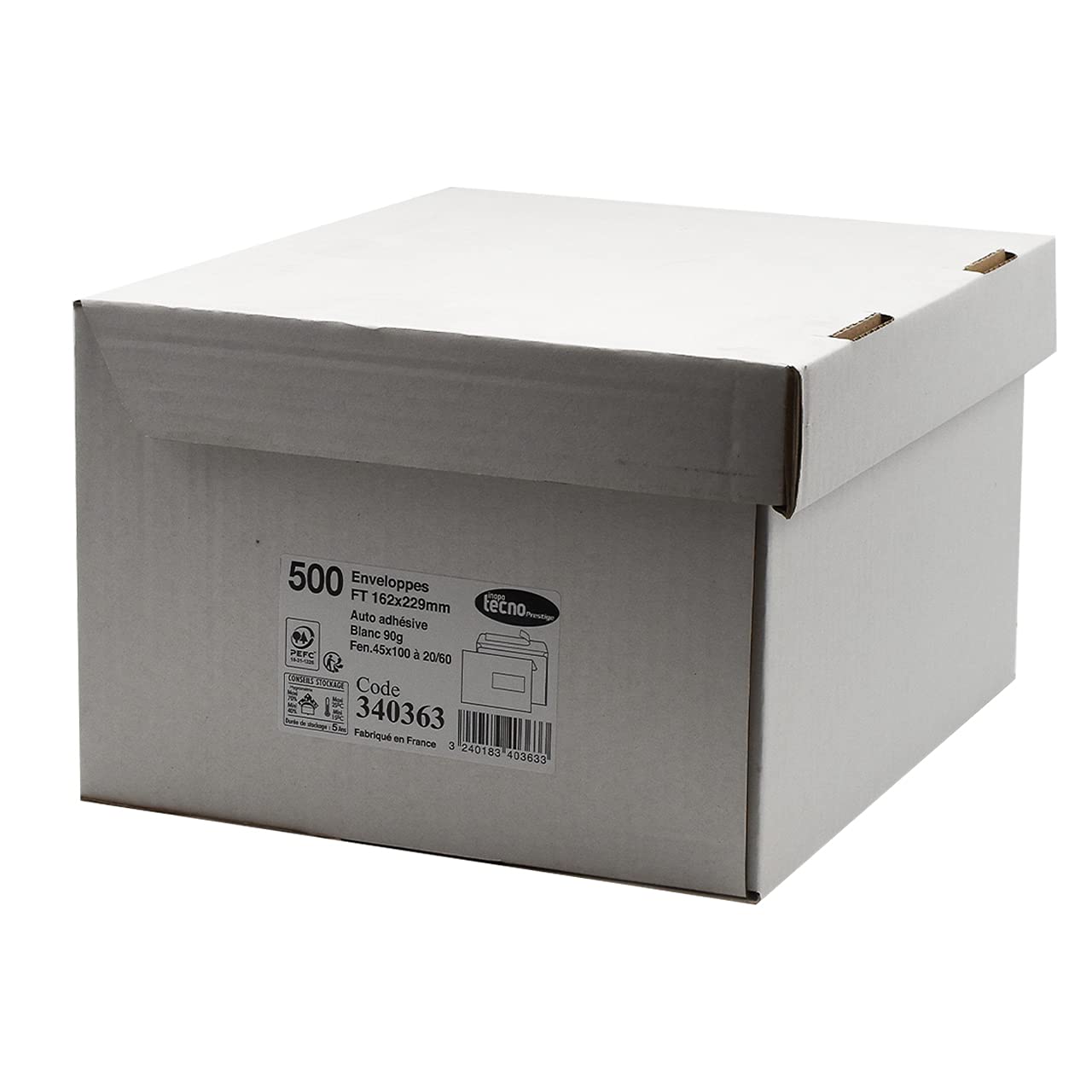 TECNO PRESTIGE, pudełko 500 ekstra białych kopert, pasek ochronny, 90g, format C5 162x229 mm z oknem 45x100
