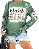 MOUSYA Blessed Sweatshirt for Women Leopard Mama Letter Print Pullover Bleached Sweatshirt Thanksgiving Pullover Tops