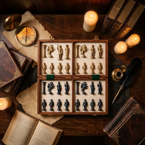 Image of Kid Antique Folding Wooden Chess Board with Brass Chess Roman Figures Set, 2 Players - Best for Gifting, Home Decor and Playing (Bleck & Yellow) Size 16 inchx16 inch Inch.