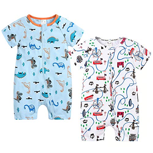 2 Pack Baby Boys Girls Bodysuit Short Sleeves Summer Infant Toddler Cotton Zipper Rompers for 18-24 Months