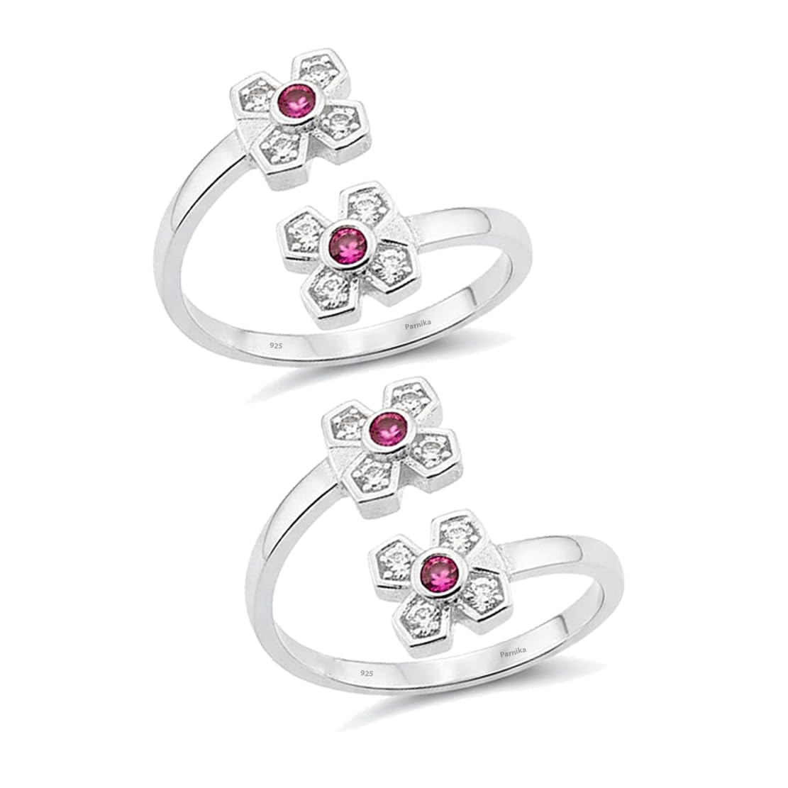 parnika 925 Sterling Silver Floral Design Adjustable Toe Rings for Women | Hallmarked Silver Bichiya with Pink Stone | Traditional Foot Jewellery Pair-picture-15