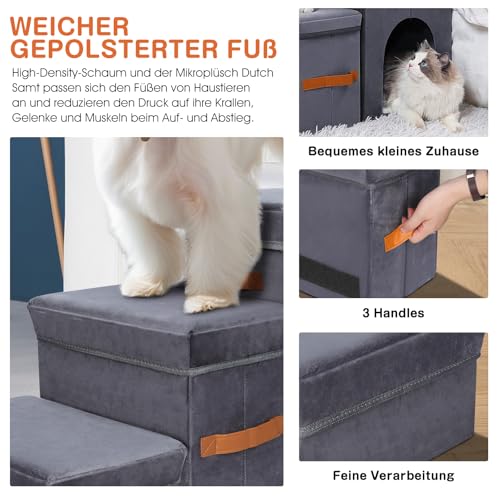 Zvonema Hundetreppe 3 Stufen, breiteren Haustiertreppe mit Stauraum, Faltbare Hundetreppe für Kleine Hunde bis 40kg, rutschfeste Hunderampe für Sofa, Bett, Auto, ältere Hunde & Katzen-78x34x45cm