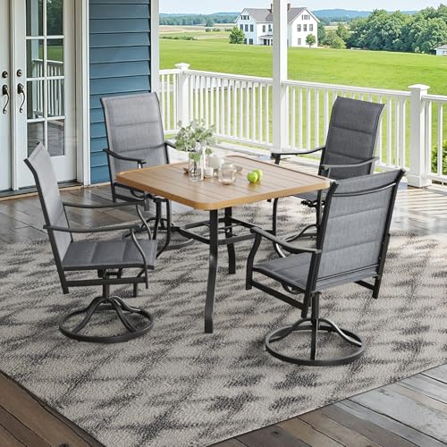 Image of Soohow 5-Piece Outdoor Dining Set, Patio Dining Table and Chairs Set for 4, 4 x Swivel Patio Chairs and 35 inchx35 inch Dining Table with 1.57 inch Umbrella Hole, Wood-Like, Ideal for Poolside, Backyard, Deck