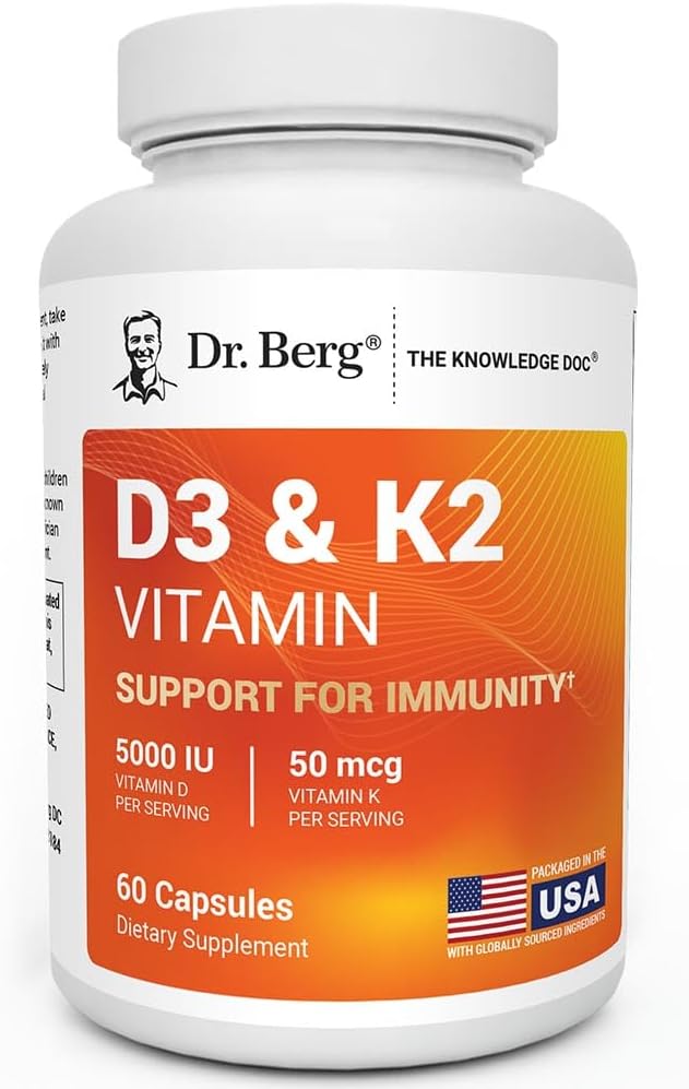 Dr. Berg Maximum Strength 7-in-1 Vitamin D3 K2 5000 IU | Naturally Derived D3 | 4X Lab-Tested & Verified | High Absorption Formula | K2 D3 Vitamin Supplement - 60 Capsules