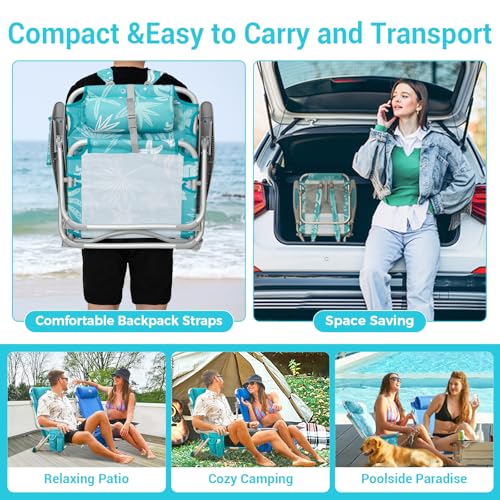#WEJOY Reclining Beach Chair for Adults,4-Position Aluminum Lightweight Folding Chair with Backpack Straps,Padded Headrest & Cup Holder,Heavy Duty 400 lbs,Portable Sand Beach Chair,Camping, Lawn