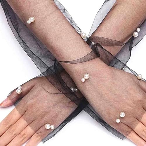 Halloween Fingerless Pearl Black Gloves Long Tulle Wedding Gloves for Bride Halloween Cosplay Bridal Decoration for Women and Girls 1 Pair3