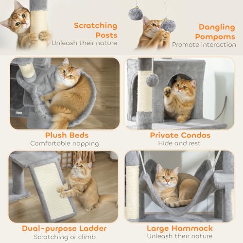 Pawhut Cat Tree, 192 Cm Large Multi-Level Cat Tower For Indoor Kittens With 8 Scratching Posts, 3 Plush Beds, 2 Hammocks, 2 Large Condos, Ramp, Pompoms, Light Grey - 4