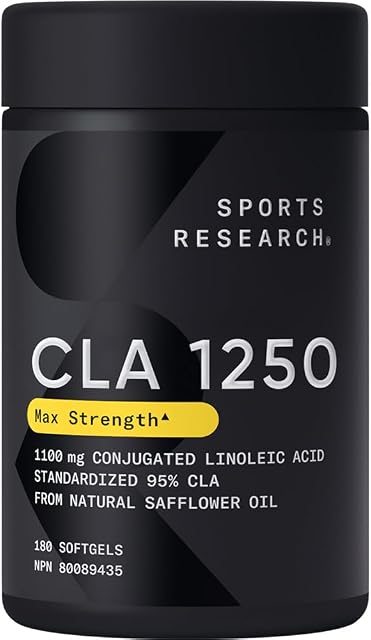 Sports Research® CLA 1250mg - Active Conjugated Linoleic Acid for Men & Women - 95% Potency Formula - 180 Softgels - Non-GMO Verified, Soy-Free & Gluten-Free Supplement for Daily Support