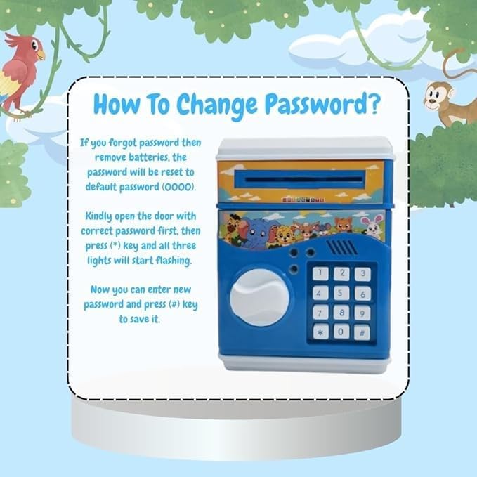 TOYIQ ATM Money Locker Piggy Bank Battery Operated Coin Bank with Automatic Door Open Electronics Security Lock & Password Key Toys for Kids (Blue) Colour 2