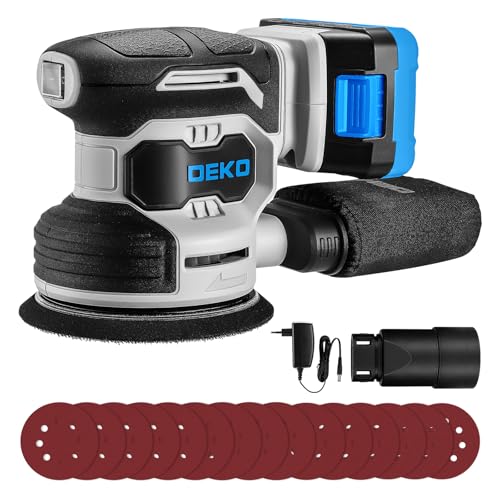 DEKOPRO 20V Lijadora Excéntrica Inalámbrica con 1 Batería de 2,0 Ah, Lijadora de 125 mm Madera 13000 RPM, Incluye 15 Hojas de Lija, Apta para Proyectos de Bricolaje en Madera, Azul Grisáceo