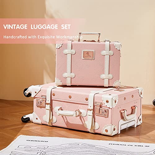 Unitravel 2 Piece Vintage Suitcase Set, 26" Women Cute Travel Luggage with 12" Handbag, Hardside Faux Leather Spinner Trunk with TSA Lock (Embossed Pink)2