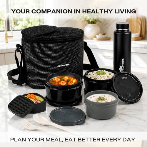 Image of CELLO Munch Mate Lunch Box with Bag for Office Use Black | 375ml x 2 Microwave Safe Containers, 300ml + 175ml Plastic Containers, 800ml Water Bottle with Fork & Spoon, Airtight Tiffin Box for Travel