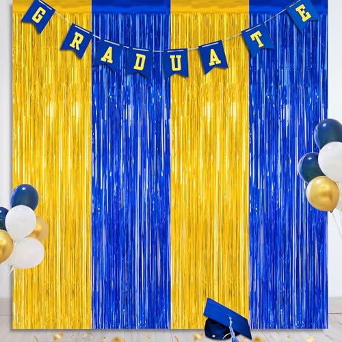2 Pack Graduation Backdrop, 3.28 FT x 7.05 FT Class of 2025 Decorations, Blue Gold Fringe Curtains Tinsel Backdrop Party Streamer, Metallic Blue and Gold Graduation Decorations 2025
