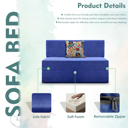 Image of Los Angeles Foldable One Seater Sofa Cum Bed, Sofa Bed 3 X 6 Feet Jute Fabric Washable Cover- Including Cushion Perfect for Living Room - Blue