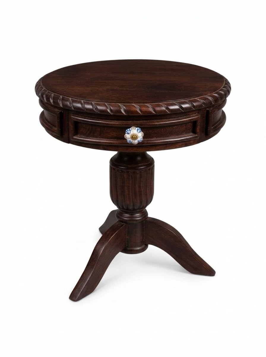 Wooden Round Bedside Table with Drawer and Carved Base Classic Side Table for Bedroom and Living Room-picture-12