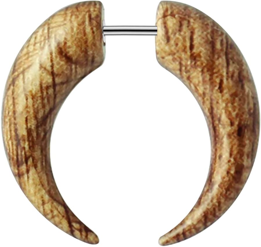Tribal CBB Shape Brown Wood Pattern on UV Acrylic with 16 Gauge 316L Surgical Steel Fake Ear plug - Fauxs Plug - Gauge Earring Body Piercing Jewelry