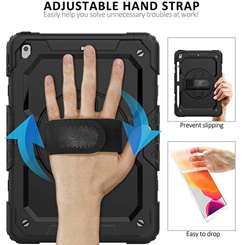 Ipad 9Th/8Th/7Th Generation Case, Ipad 10.2 Case 2021/2020/2019, [Kid Proof] Ambison Full Body Protective Case With 9H Tempered Glass Screen Protector, 360° Rotatable Kickstand & Hand Strap (Black) #TOP4