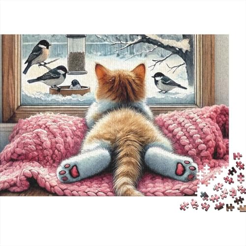 Puzzle de 1000 piezas de gato en ventana invernal para adultos y familia de 38x26 cm