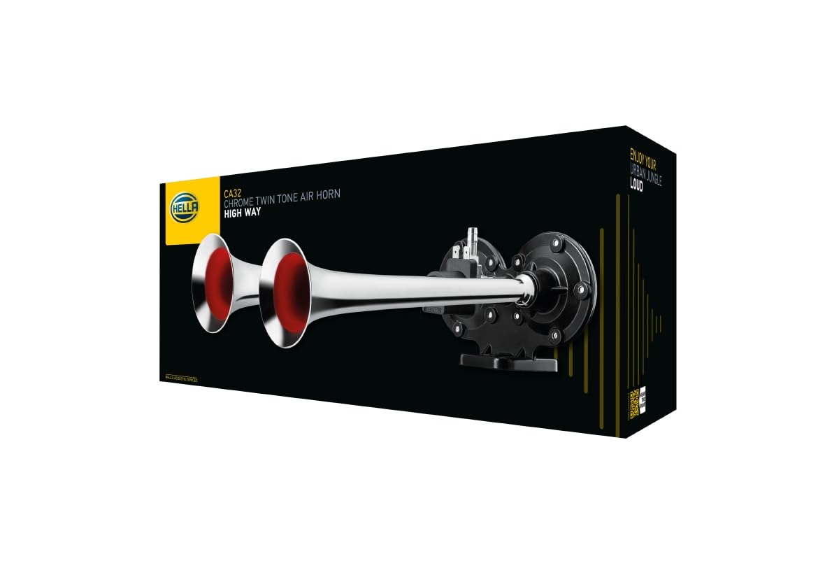 HELLA Drucklufthorn - Fanfare - CA32 - 12V - 115dB(A) - 370Hz-415Hz - Tiefton/Hochton - elektrisch-pneumatisch - ECE - Stecker: Flachstecker - 3PB 013 410-051