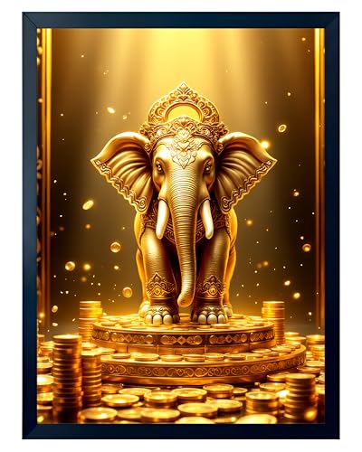 Image of ARTFUL TOY BOX - Golden Elephant Photo Frame Wall Art for Home Decor | Wealth, Power & Good Luck Vastu Feng Shui Wall Decor for Living Room & Office | HD Glossy Print | Premium Fiber Black Frame - 12x18 Inch (30x45 cm) (Design 10)
