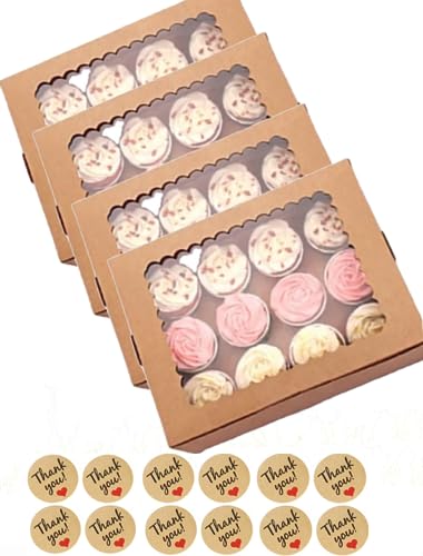 UNIQU 10 Pack Cupcake Boxes 12 hole Cavity Auto Pop Up with Window and Inserts, Kraft Bakery Cookie Boxes Cupcake Containers with Sealing Stickers