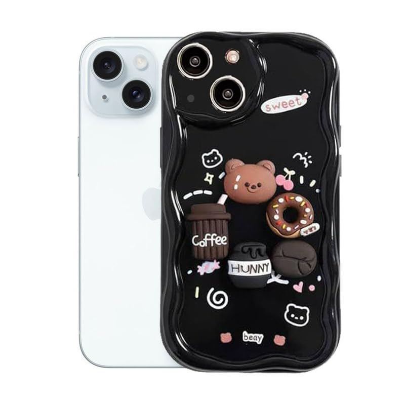 Image of ZR023 Compatible for iPhone 15 Cute Teddy Bear Design Back Cover | Soft Silicone Shockproof Protective Case | Slim Fit Stylish Camera Protection Phone Cover - Black