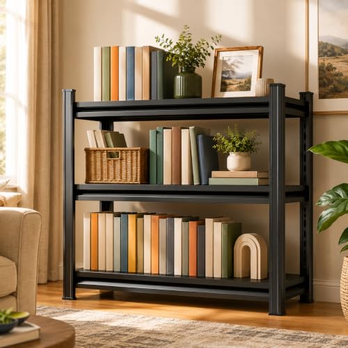 Image of Modern Metal Book Shelf, Heavy Duty Black Bookshelf, Bolt-Free Deep Bookcase for CDs Movies Garage Kit, Adjustable Bookshelf in Living Room, Bedroom, Kitchen, Office, 32 inch W x14 D x32 H