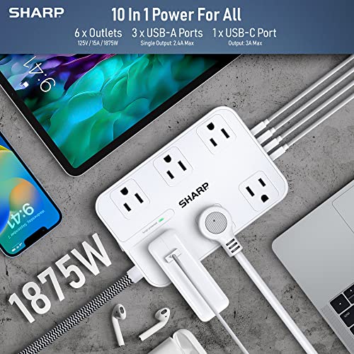 SHARP Surge Protector Power Strip - 6 Widely Spaced Outlets with 4 USB Fast Charge USB Charging Ports (3 USB-A and 1 USB Type-C), Flat Wall-Hugger Plug and 6 ft. Braided Cord, White