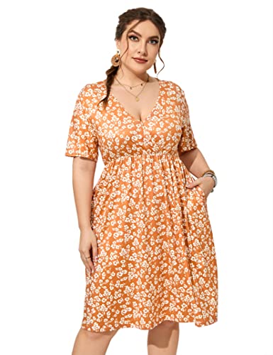 Image of ShopWonder Plus Size Dress Women's V Neck A-Line Knee Length Wrap Swing Dresses Plus Size A Line Party Mini Dress