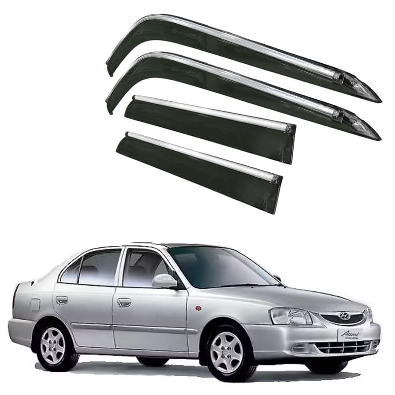 Image of CAR SAAZ Side Door Visors for Accent (2002-2009)(Set of 4Pcs)|Chrome Lined Rain Guards, Polycarbonate, Smoke Finish