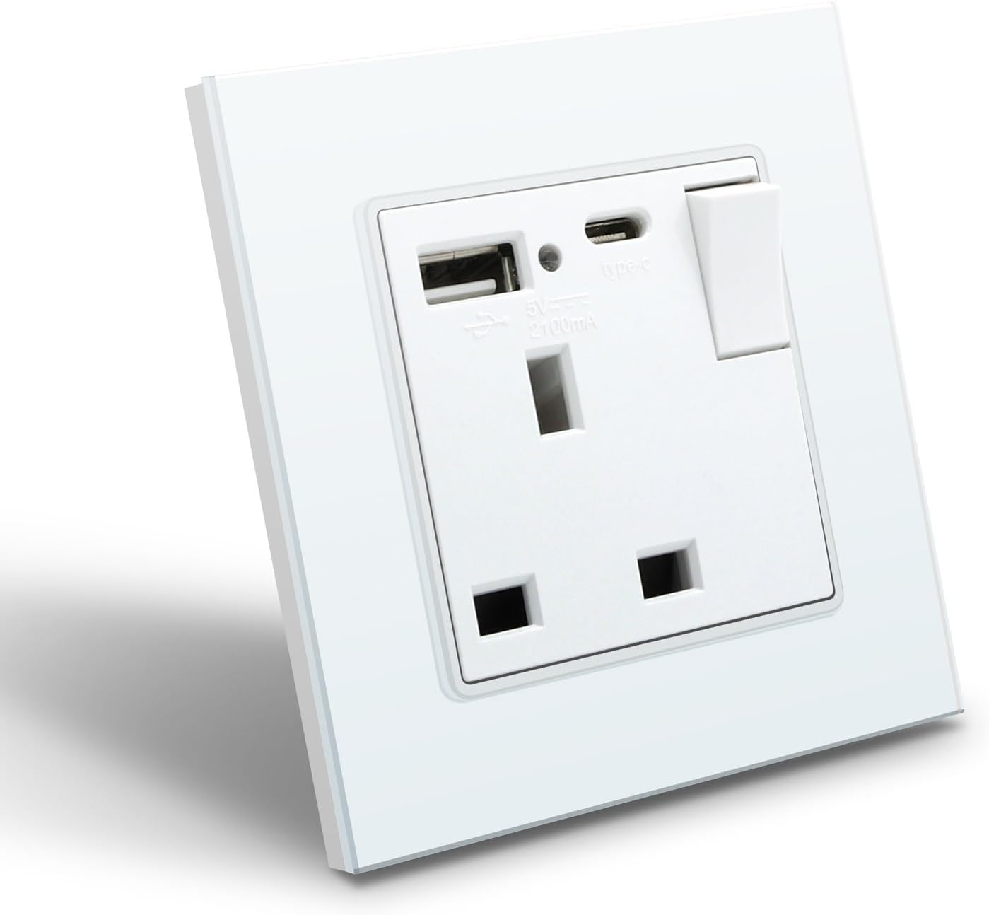 Single Type-c USB UK Socket Double Wall Power Sockets with Dual USB AC Ports On Off Switch Button Glass Panel 13A(Type-c Socket W)