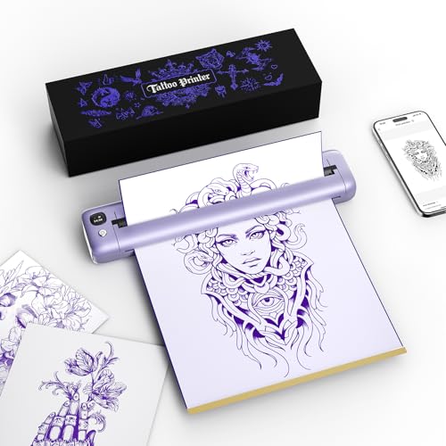 Rongta Tattoo Stencil Printer, F81S Wireless Thermal Tattoo Machine with 5pcs Transfer Paper, Compatible with Phone/Tablet/PC/Laptop, Bluetooth Tattoo Printer for Tattoo Artist & Beginner, Purple