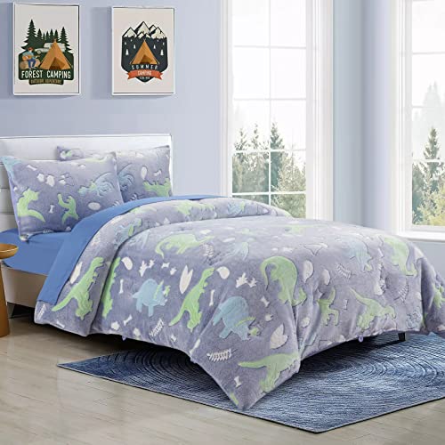 Hombys Glow In The Dark Comforter Set 7 Piece Full With Sheets, Blue Dinosaur Velvet Bedding Comforter Sets For Twin Bed, Ultra Soft Down Alternative Comforter For Boys Kids, Bed In A Bag #TOP3