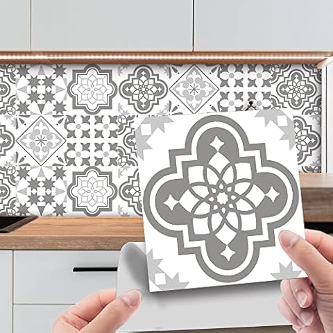 mefound 20pcs Tile Stickers, Kitchen Bathroom Wall Tile Stickers Peel and Stick on Tile Transfers Covers Decals Self Adhesive Vinyl Waterproof Moroccan Victorian Style (15cm x 15cm, 6x6 inches) Cover