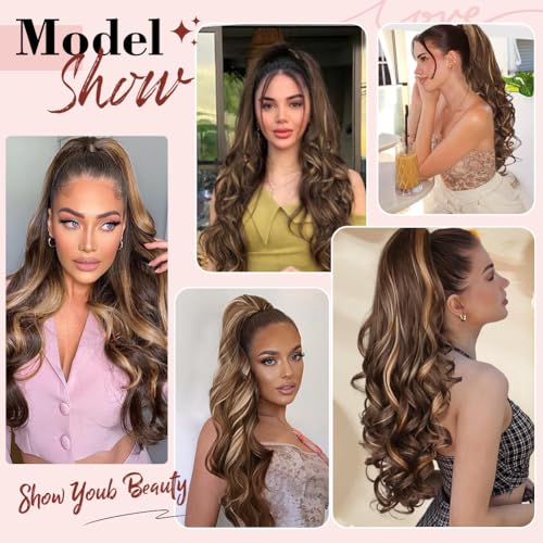 Image of 24 inch Ponytail Extension, Long Curly Wavy Claw Clip and Natural-Looking Synthetic Hairpiece, Voluminous Hair Extensions for Women Daily Wear. (Chestnut Brown with Golden, 24Inch)