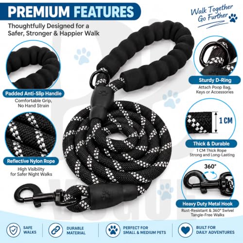 Image of PetVogue FT Nylon Rope Dog Leash, Heavy Duty Training & Walking Lead for Small, Medium & Large Dogs, Reflective Pet Walking Cord with Comfortable Padded Handle & Strong Metal Clip (Black)